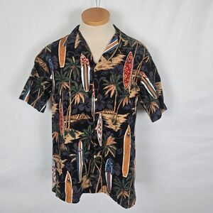 VTG Aloha Republic Shirt Men's L Black Colorful Hawaiian Surf Board Short Sleeve